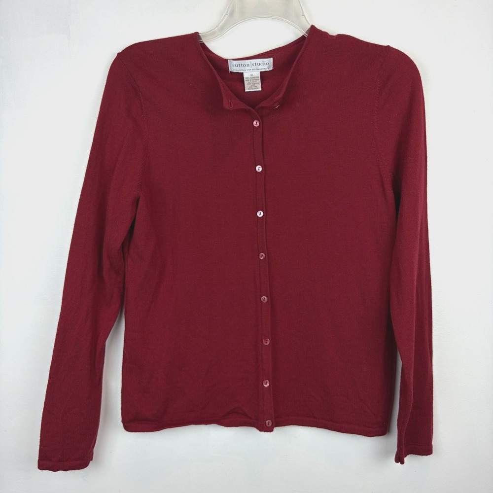 Sutton Studio 100% Wool Cardigan Sweater Women XL Red Button Up Academia Holiday